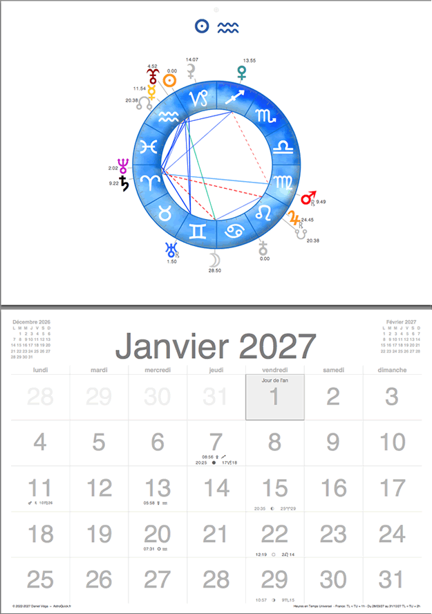 Calendrier astrologique 2027 format A4 horizontal (affichage mural) par Daniel VEGA